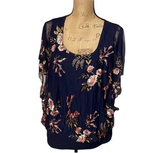 Navy mesh JM Collection fully lined blouse with floral embroidery. EUC.